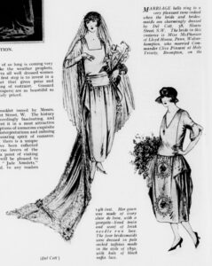 Ink sketches of Kathleen's 1920s wedding dress and that of her bridesmaids. Associated text credits Del Cott, 38, Sloane Street, S.W. for the design. 