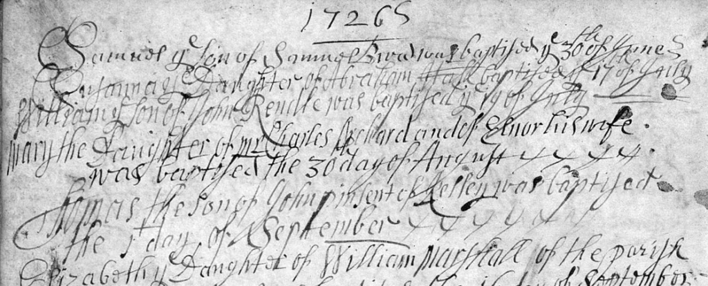 Thomas Pinsent, the son of John of Kent, is baptized in September 1726.