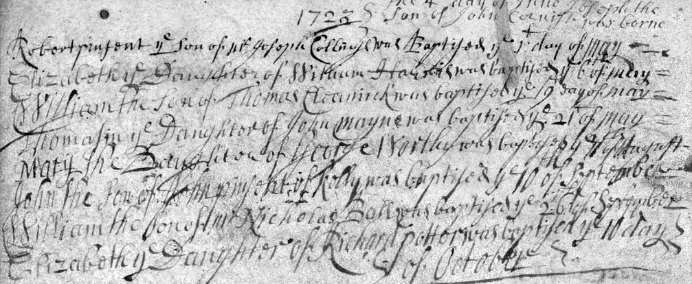 John, the son of John Pinsent of Kelly, was baptized in 1723.