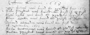 Handwritten notice of John Pinsent's burial in 1663.