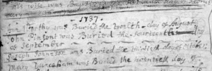 Handwritten note of John Pinsen'ts burial on September 14, 1737.