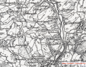 Black and white, cluttered map showing Hennock, Chudleigh, Chudleigh Knighton.
