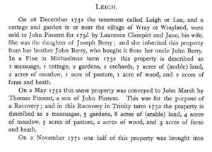 Excerpt describing the sale of a tenement called Leigh or Lee on December 28, 1732 to John Pinsent. On May 2, 1752, the same property was conveyed to John Marsh by Thomas Pinsent, a son of John Pinsent.