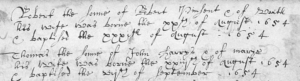 Handwritten record of Robert Pinsent's birth and baptism in 1654.