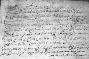 Cramped handwritten records of the burials. Robert is noted as being buried on December 3.