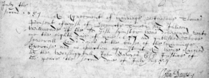 Handwritten document describing Thomas's marriage to Julian Wilmeade