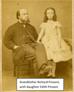 Yellowed photo of an older man with muttonchops and a young girl in curls.