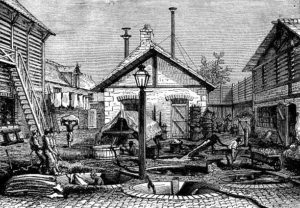 Black and white illustration of a small white building.