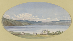 Soft watercolour painting of a landscape. Grassy fields spotted with small white buildings, with the water beyond and mountains in the distance.