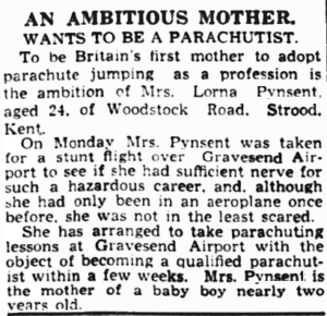 News clipping describing Lorna's participation in parachuting lessons.