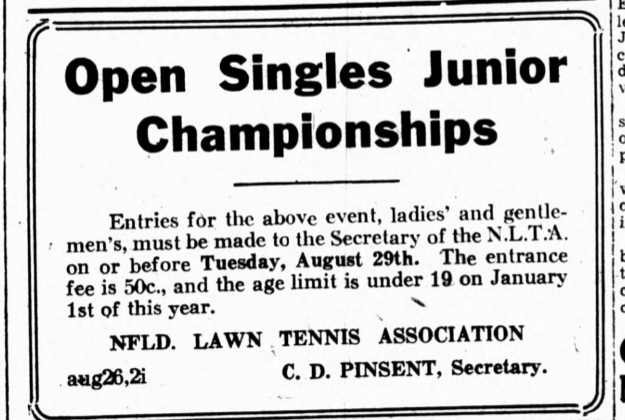 Notice for the Open Singles Junior Championships. It advertises for people to enter on or before August 29, 1939.