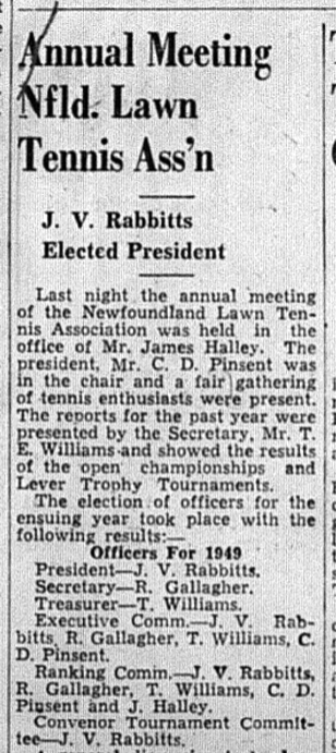 Description of the annual meeting of the Newfoundland Lawn Tennis Association at which J. V. Rabbitts is elected president.