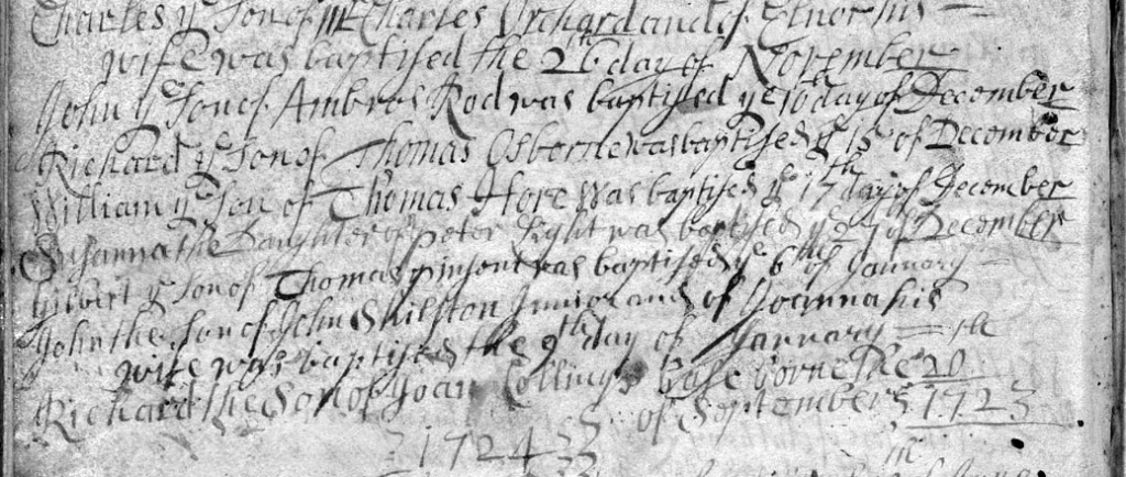 Handwritten record of Gilbert's baptism on January 4, 1724.