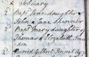 Handwritten record of Gilbert Pinsent's burial on February 2, 1794. He was 70.