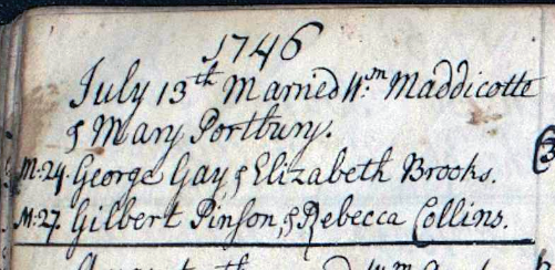 Handwritten record of the marriage of Gilbert Pinsent and Rebecca Collins on July 27, 1746.
