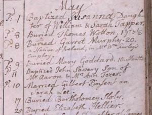 Handwritten record showing Gilbert Pinsent marrying Sarah Lee on May 10th