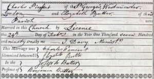 Handwritten record of Charles Pinsent's marriage to Elizabeth Butter