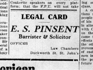 News clipping showing Earl's business card. It reads Legal card, E.S. Pinsent barrister & solicitor offices, Law Chambers, Duckworth St., St. John's.