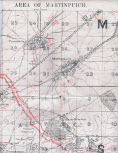 A black and white map with red trench lines running throughout