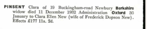 Clara Pinsent's will is probated at 177 pounds and 11 shillings. 