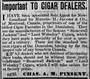 Newspaper clipping announcing Charles is the sole agent for Newfoundland for Messrs. H. Jacobs & Co. of Montreal, Canada.
