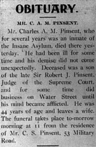 Newspaper clipping of Charles Pinsent's obituary, describing that he had died after an illness and that he was the son of the late Sir Robert John Pinsent.