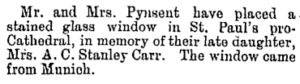 News clipping describing the donation of the stained glass window to St. Paul's Cathedral. The window came from Munich.
