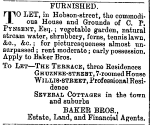 News clipping advertising the property, including vegetable garden and tennis lawn, to let. The property is furnished. 