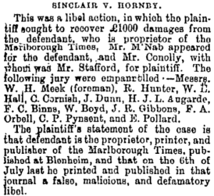 News clipping describing the Sinclair v. Hornby libel action. C. P. Pynsent is listed as a jury member. The claim was that the journal had published false, malicious, and defamatory libel.
