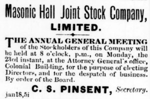 An advertisement for Masonic Hall Joint Stock Company Ltd