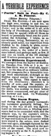 A newspaper clipping titled "A terrible experience: "Portia" safe in port," by C. A. M. Pinsent. It is a description of C.A.M.'s firsthand account of leaving Halifax harbour by ship and the weather worsening.