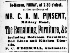 A small newspaper advertisement announcing Tomorrow, Friday, at 2:30 o'clock Charles would sell his remaining furniture.