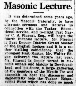 A newspaper article announcing Charles Speare Pinsent's masonic lecture.