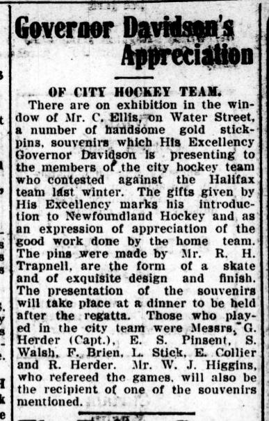 Article titled Governor Davidson's Appreciation of City Hockey Team.
