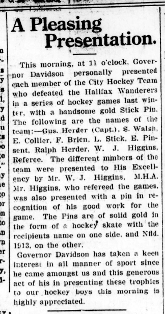 Article titled "A pleasing presentation" that describes the presentation of a handsome gold stick pin to the players.