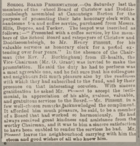 Newspaper article describes Henry receiving a gift of a teapot and coffee service. It acknowledges his valuable work over the years.