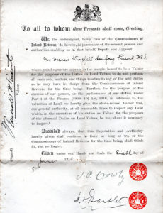 A crumpled legal document attesting to Frank's role as a land valuer.