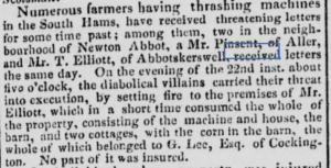 Newspaper clipping recounting the arson that burned Mr. T. Elliott's property.