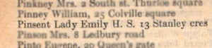 A snippet of text from a list of addresses. It reads: Pinsent Lady Emily H. S. 13 Stanley crescent