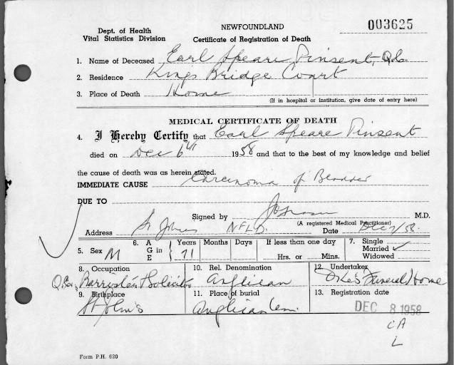 A form completed by hand that documents Earl Speare Pinsent's death.