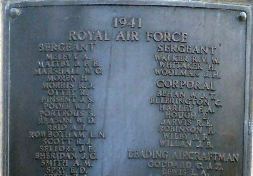 Metal plaque with two columns of names. It reads 1941, Royal Air Force. J. S. Pinsent is listed under the heading Sergeant.
