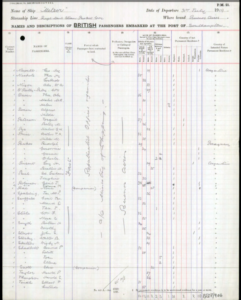 Scanned page of a passenger list of the Meteor