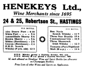 Advertisement for Henekey's Ltd, wine merchants, taken from a newspaper.