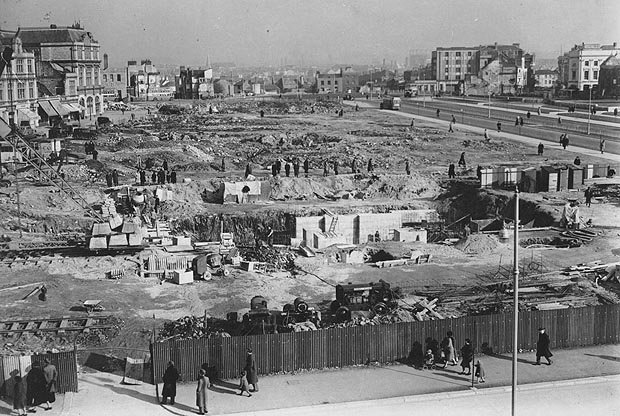 A bombed out section of the city. The buildings have been razed to the ground.