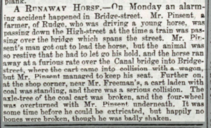 Report of an alarming accident in which Gilbert Pinsent is pinned beneath a cart after a crash.