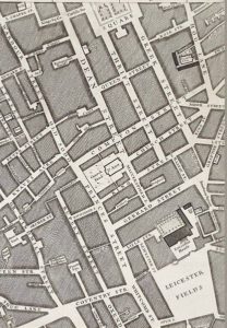 Inked map showing angled city streets.