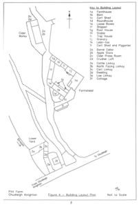 Simple map showing the layout of Pitt Farm. It is divided into small squares showing the farm house, barn, stables, and other buildings.