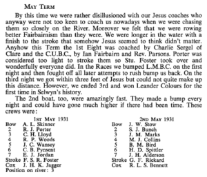 Excerpt describing the experiences of the college boat club. They were disillusioned with their coaches and after changes were much improved. They ended in third place.