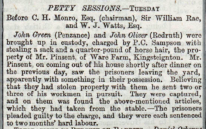 Two men are charged with stealing a sack and a quarter-pound of horse hair. Gilbert Pinsent describes seeing the prisoners leaving the yard with stolen items. He chased them and they were captured.  They were sentenced to two months hard labour.