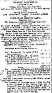 News clipping listing the Craigieburn Hotel, cottage residences, and grazing land for sale.